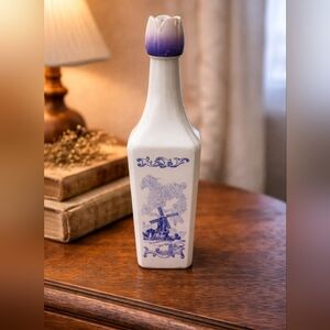 Vintage Delft Blue Liquor Bottle Windmill White Glass 11” Empty Decanter